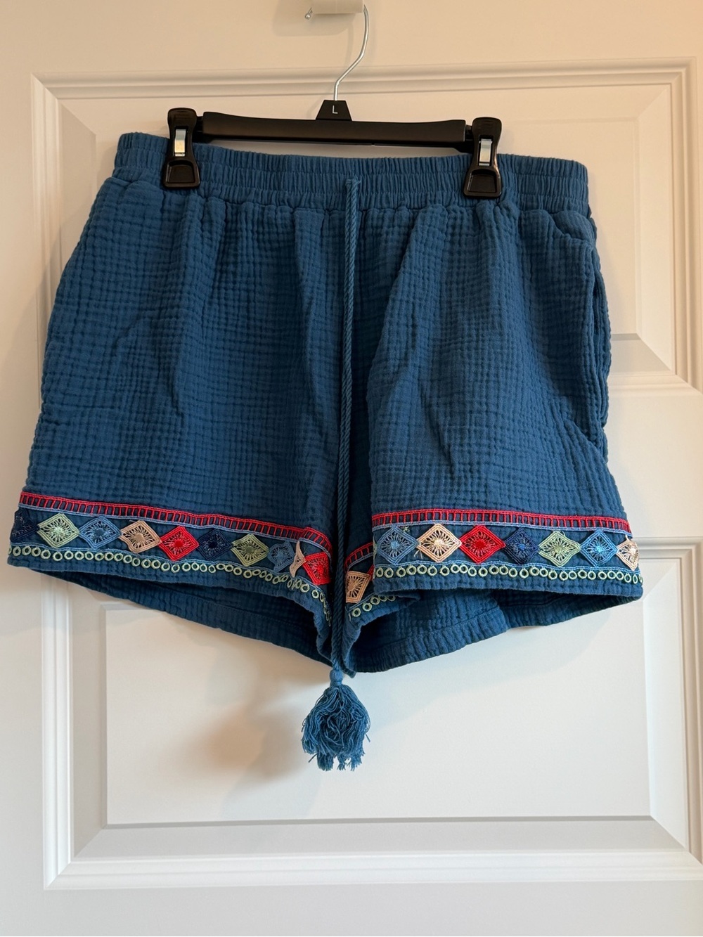 Cupshe Blue Embroidered Tassel-Waist Gauze Shorts